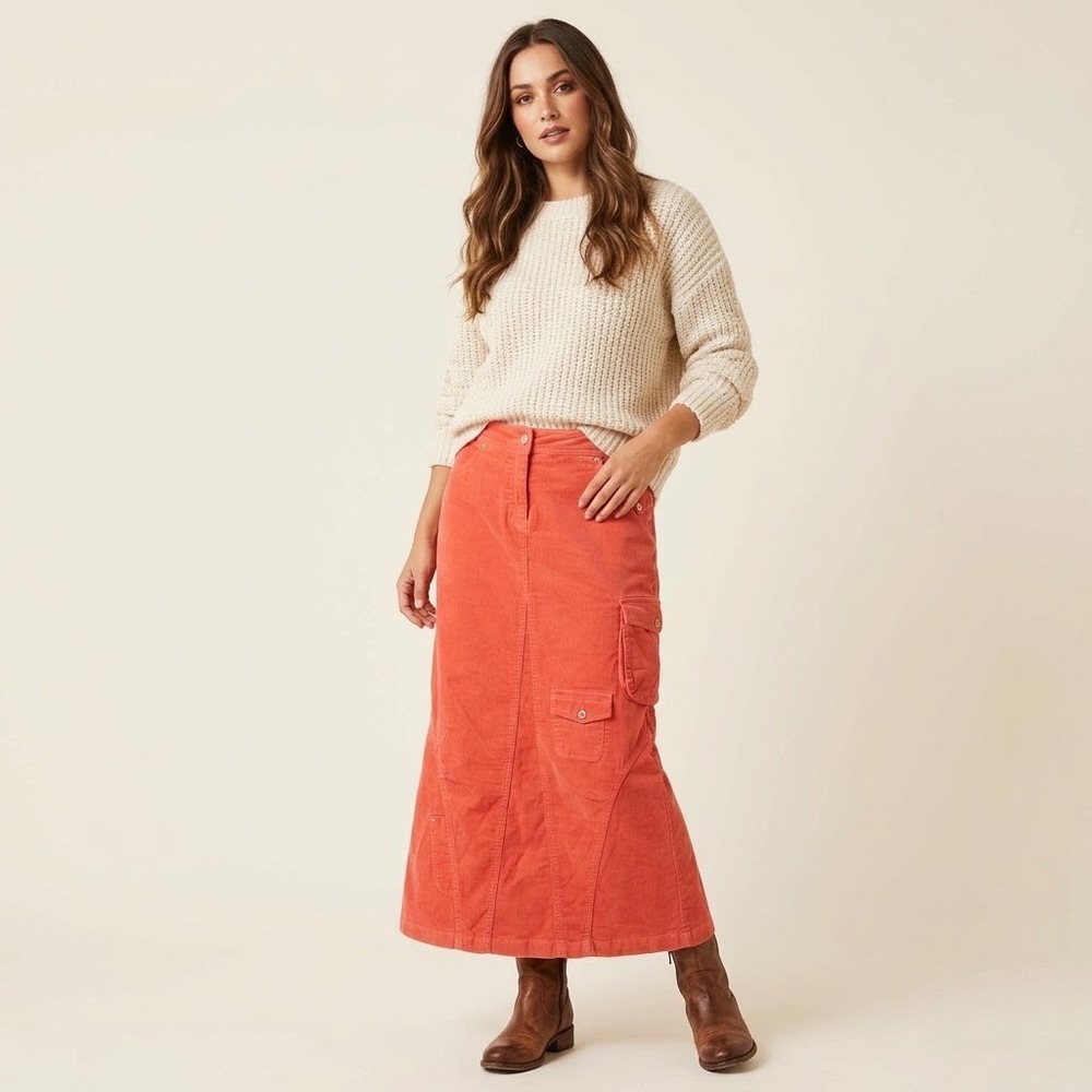 Vintage OILILY Corduroy Cargo Maxi Skirt Orange Womens Small Boho Deadstock Y2K